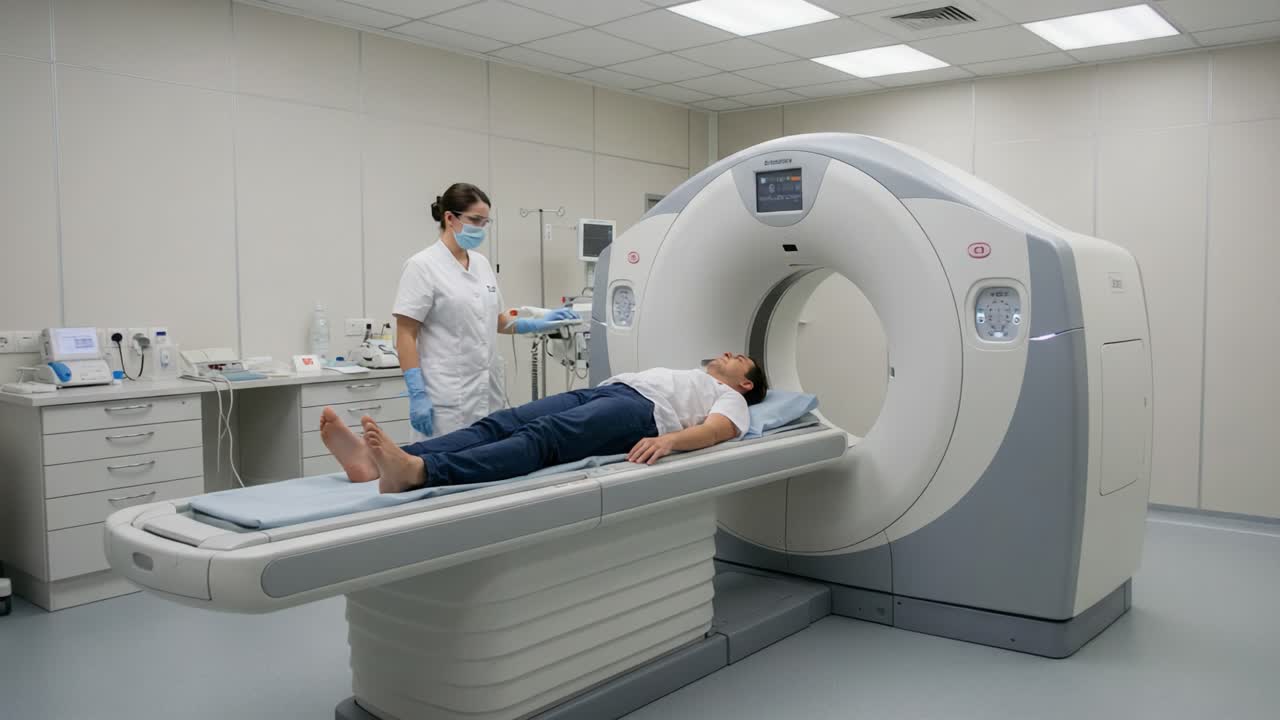 Patient Undergoing CT Scan Procedure in a Modern Medical Facility with Healthcare Professional Assisting for Accurate Diagnostics and Treatment Planning