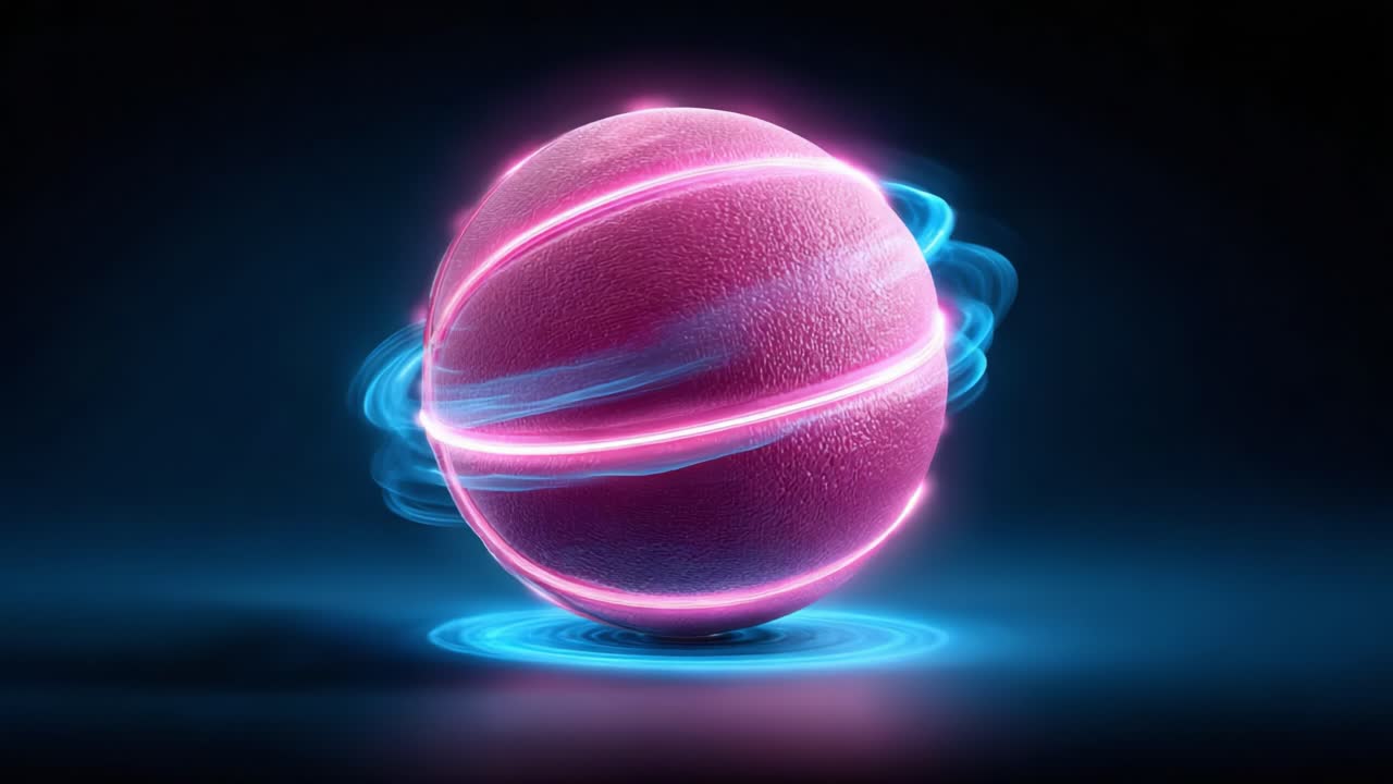 A Captivating Spin of a Futuristic Pink Sphere with Neon Glowing Stripes, Creating an Enchanting Visual Effect Against a Dark Background