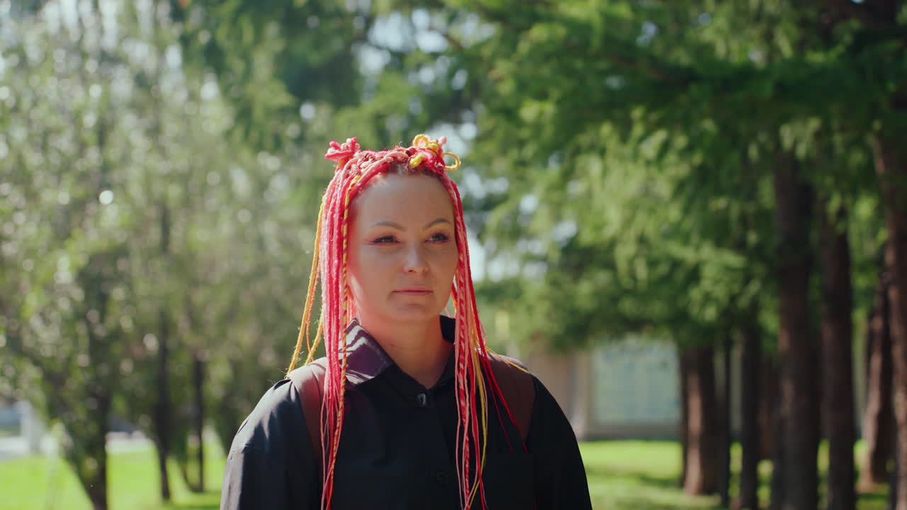 mujer caucásica esperanzada con trenzas rosas mirando hacia arriba entre pinos, sonrisa suave, parque con troncos iluminados por el sol y luz moteada, retrato optimista y tranquilo que transmite una renovación suave