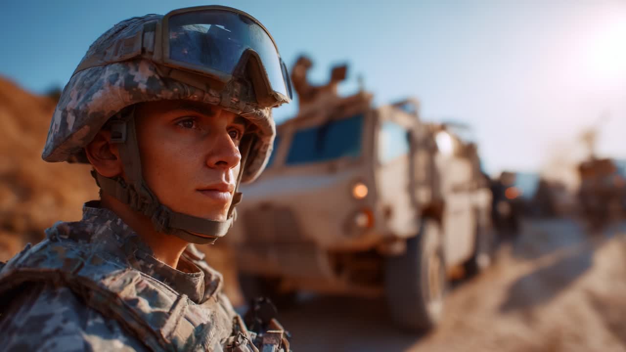Un soldato è ritto in piedi con sicurezza di fronte a veicoli militari, mettendo in mostra resilienza e impegno in un ambiente dinamico ed evidenziando l'essenza del dovere e del servizio