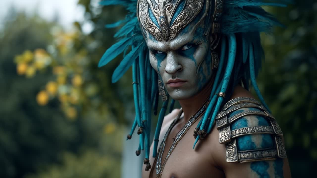 Retrato cinematográfico de un antiguo guerrero tribal de fantasía con plumas azules y armadura de plata ornamentada