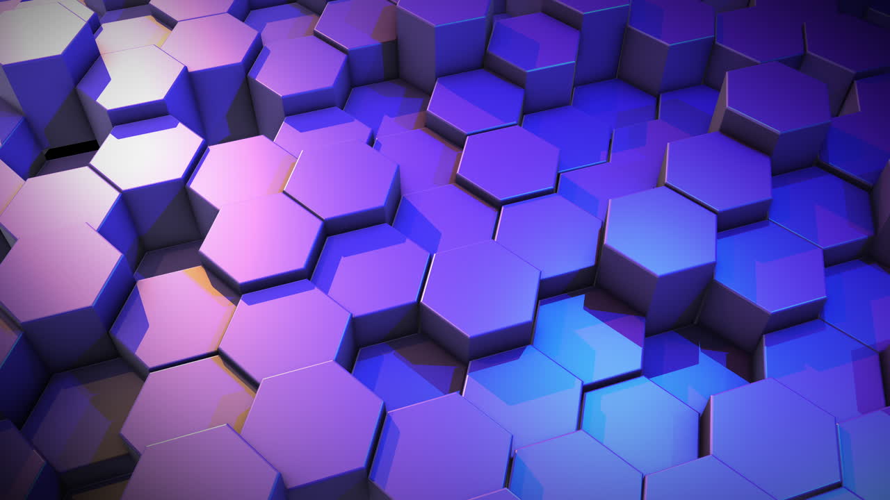 Animated hexagonal cylinders on a purple background. Random movement of figures. Abstract 3D animation.