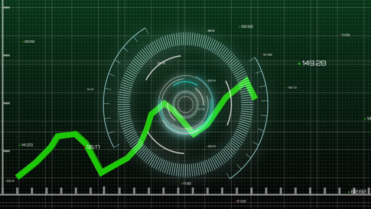 녹색 배경에 대한 네온 둥근 스캐너 및 통계 데이터 처리의 애니메이션