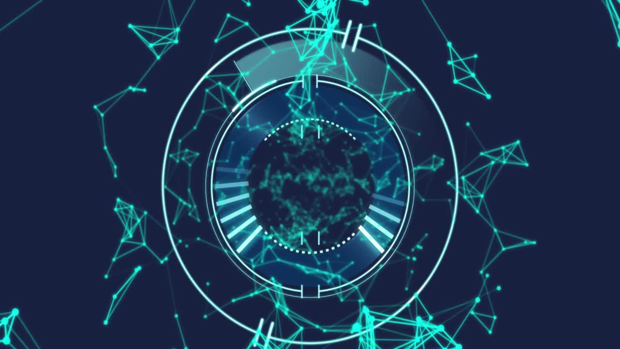 animación de un escáner redondo sobre una red de conexiones contra un fondo azul