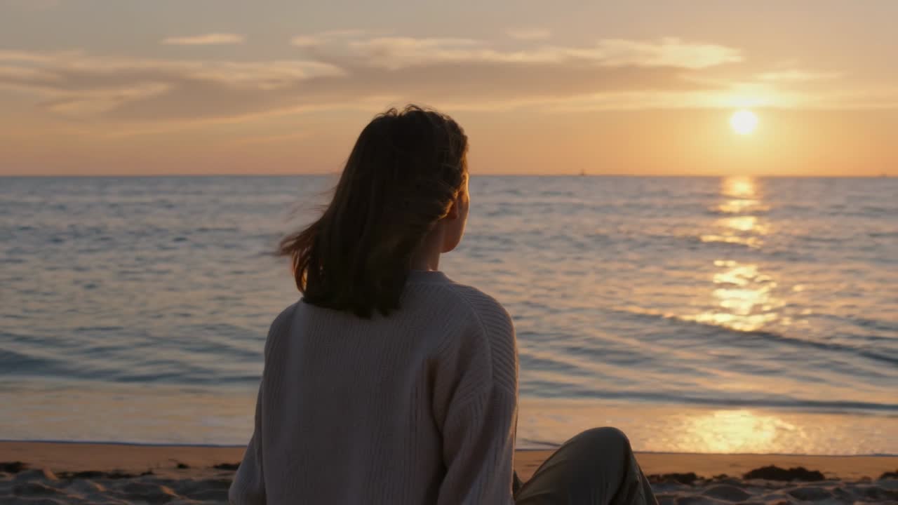 Donna seduta in riva al mare osserva il sole che cala, mentre un raggio scintillante si muove verso di lei, benefico per la salute.