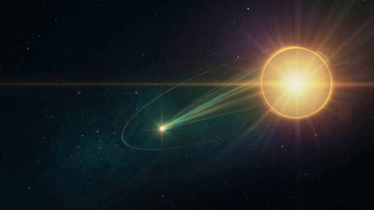 Orbiting comet-like object being drawn toward bright star by stellar gravity, streaming green tail