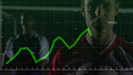 holding soccer ball, two people watching green financial graph animation rising