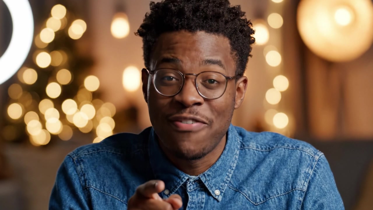A joyful young man in casual denim attire shares an engaging story while sitting against a cozy, festive background adorned with warm lights, radiating happiness and sincerity.