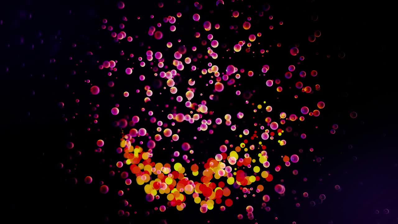 흑색 배경에 고립된 작은 구들로 둘러싸인 곡선 도에 따라 아름다운 추상적인 혜성. 애니메이션. 분홍색 입자들 사이에서 움직이는 작은 원의 리를 가진 다채로운 혜성