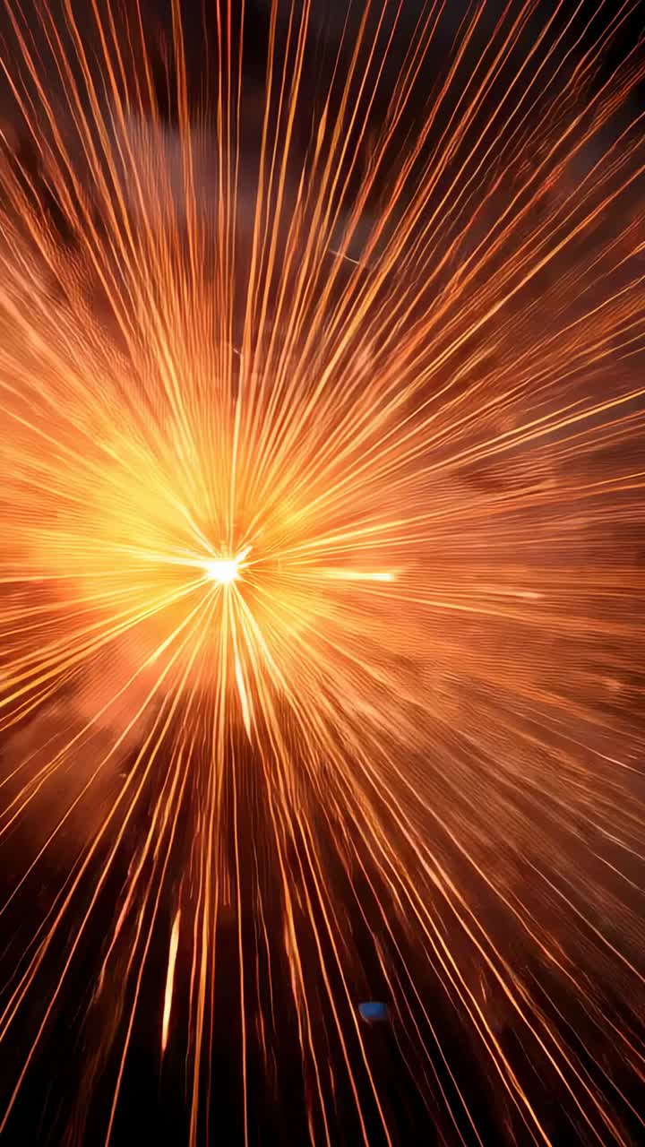 Vertical video: Bursting bright shell expanding in night sky, sending orange spark trails and smoke