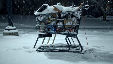 a winter scene featuring an abandoned shopping cart overflowing with debris and covered in snow amidst a quiet, snowy urban landscape
