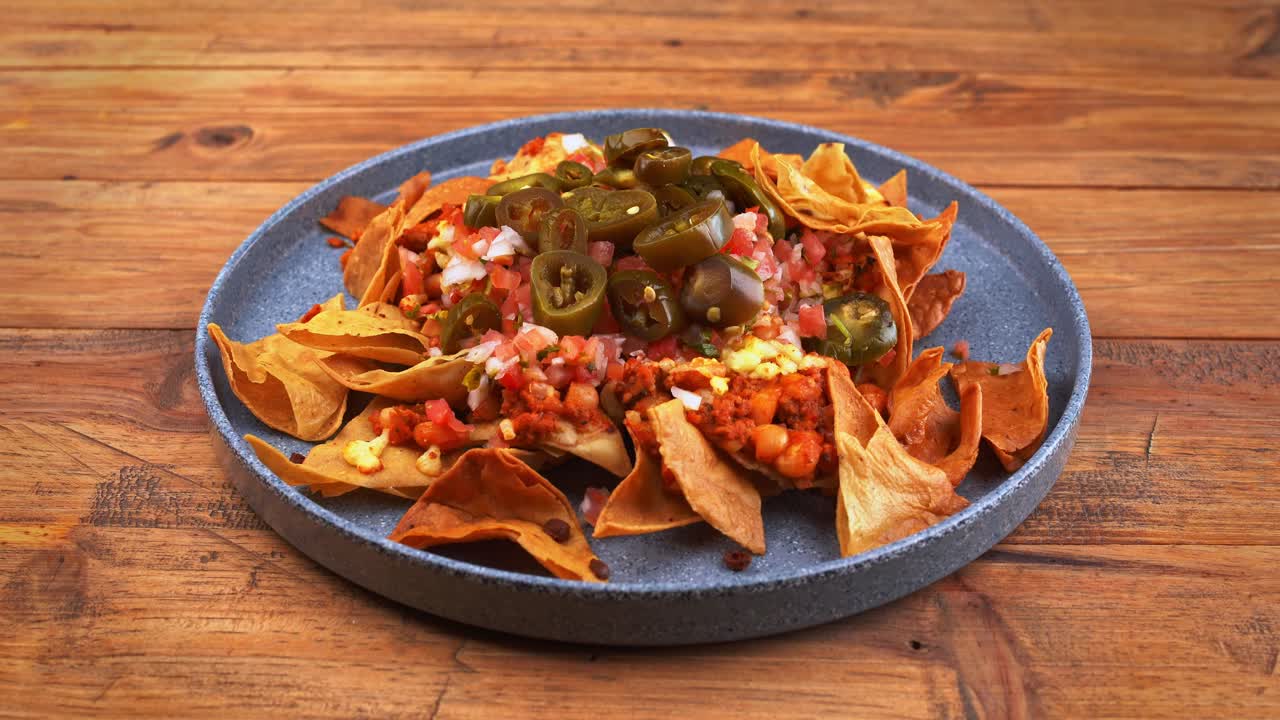 Close-up of a tantalizing plate of Mexican nachos with a vibrant pico de gallo salsa, accompanied by a side of creamy guacamole