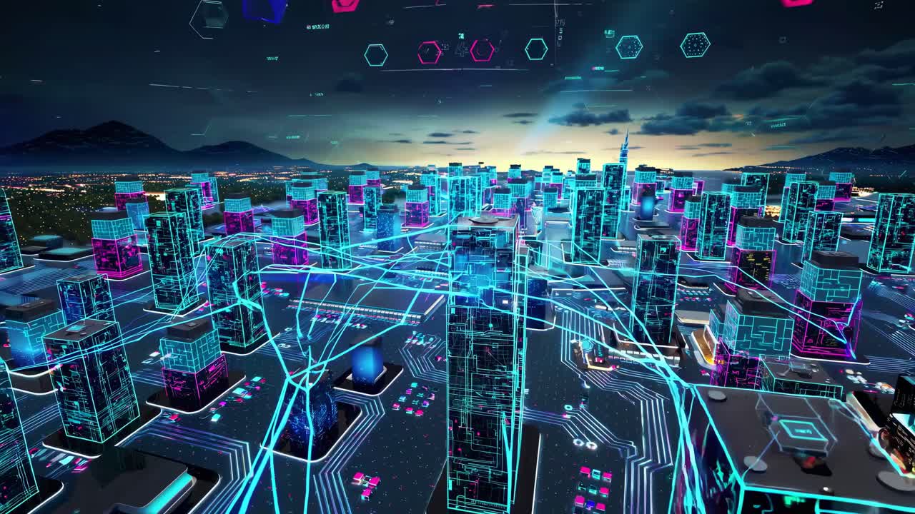 Futuristic cityscape video with neon lights and digital grids