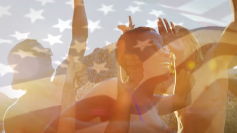 Animation-of-waving-flag-of-usa-over-group-of-friend-having-fun-on-the-beach