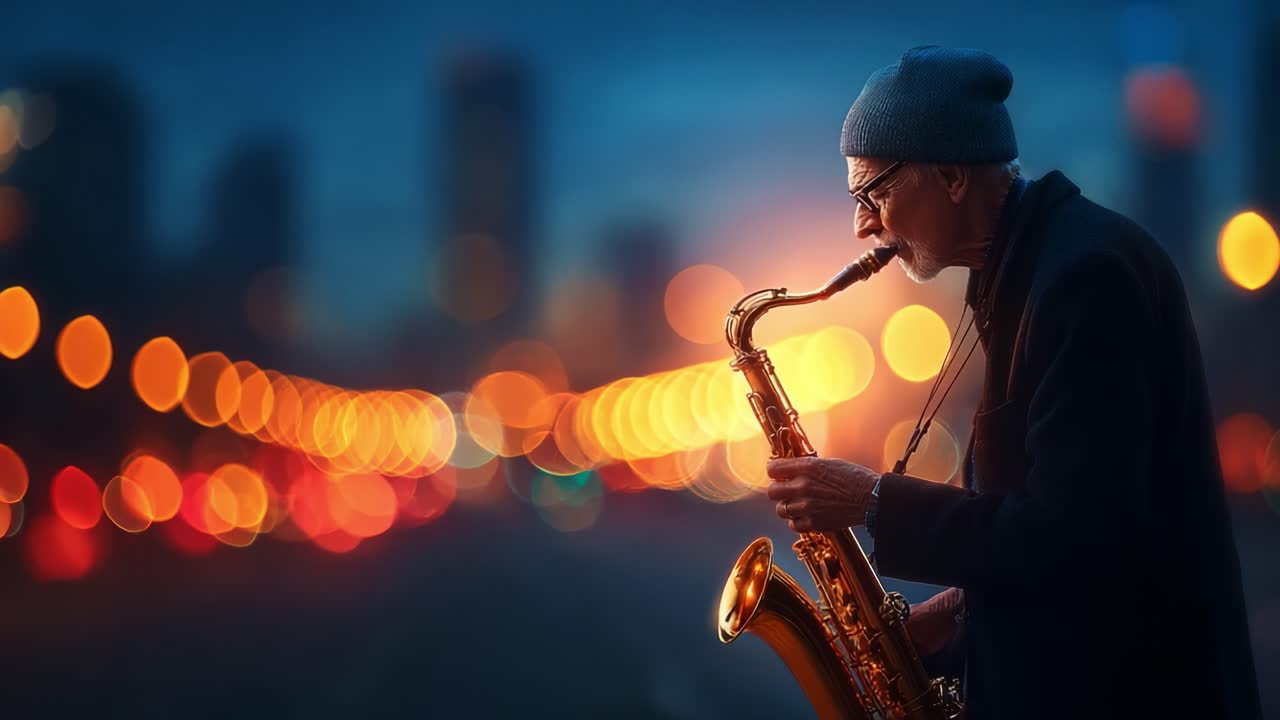 Capturing the Soul of Jazz: A Dedicated Musician Plays the Saxophone Under the City Lights, Merging Melodies with a Vibrant Urban Dream as Night Falls