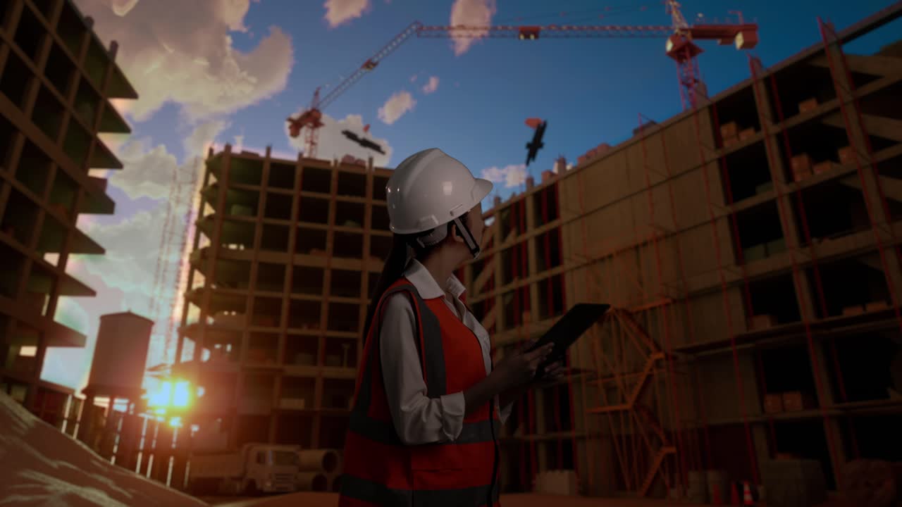 vista lateral de una ingeniera asiática con casco de seguridad mirando la tableta en su mano y mirando a su alrededor mientras está de pie en el sitio de construcción, durante la puesta o salida del sol