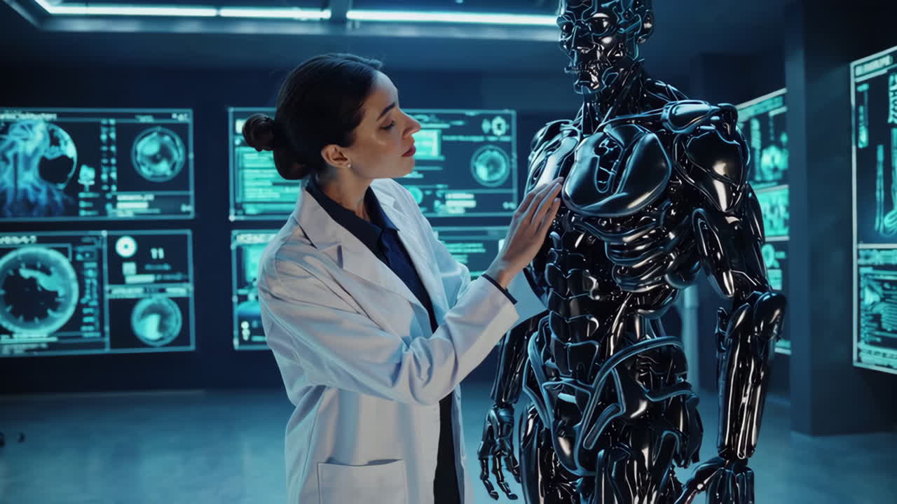 Scientist interacts with a robot in a futuristic lab.