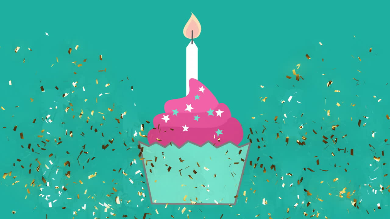 pastel con glaseado rosado y vela, animación de confeti celebrando