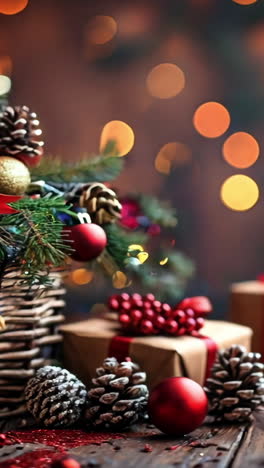 a basket of christmas decorations sits on a wooden table. the decorations include pine cones, red bows, and other ornaments. the scene conveys a festive and joyful mood