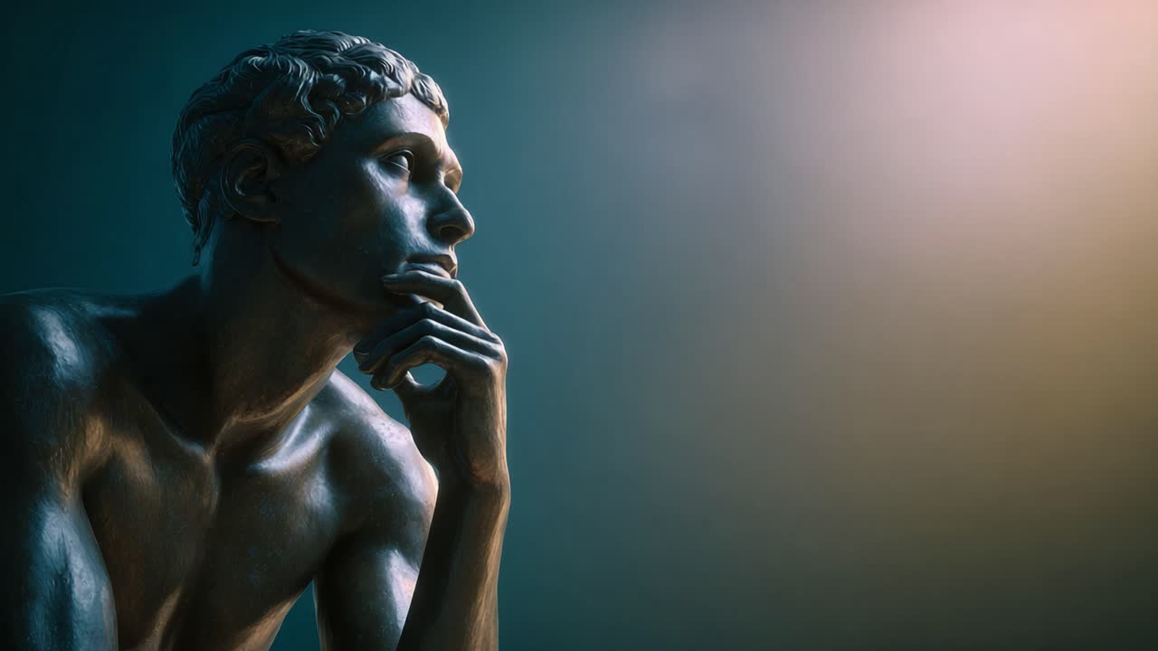 Contemplative Bronze Sculpture: A Symbol of Introspection and Thoughtfulness Captured in Dramatic Lighting for a Reflective View of Human Emotion