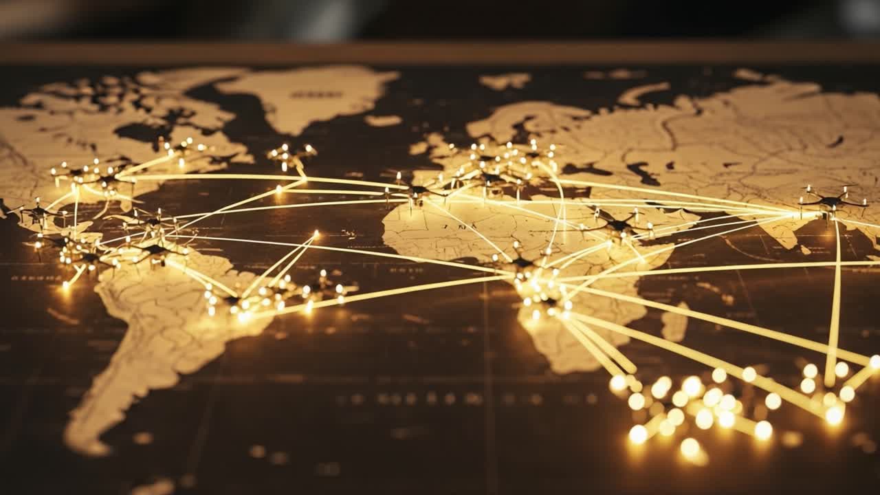 A Global Overview of Connectivity: Illuminated Connections Portrayed on a Vintage-Style World Map Showcasing Modern Geographical Relations