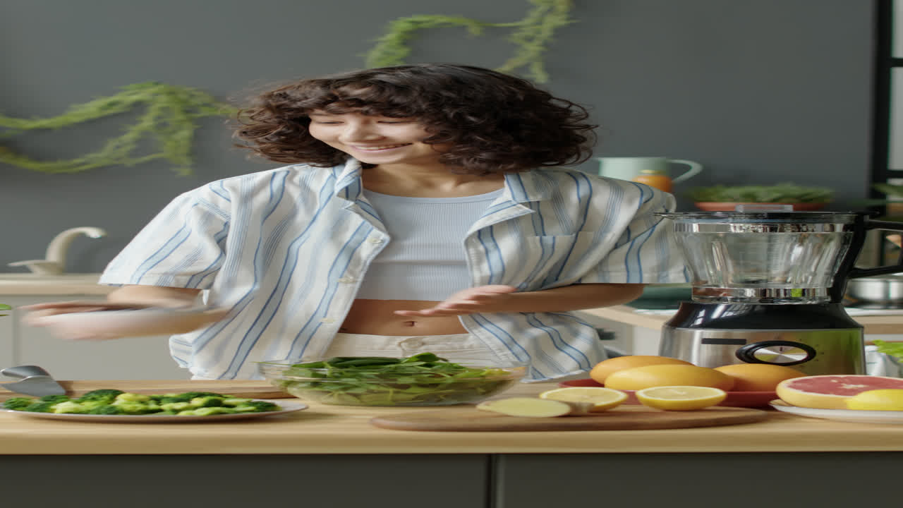Female Food Blogger Telling about Fresh Vegetables on Camera