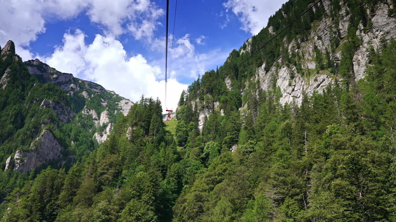 Ziplining in scenic mountains. Adventurers glide over lush green forests and steep cliffs, enjoying breathtaking views on a sunny day