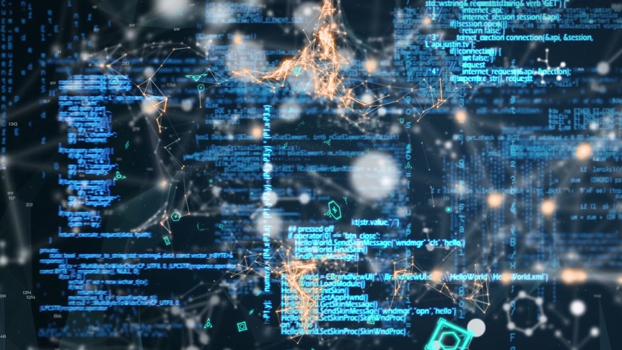 Animation of molecules over data processing on black background