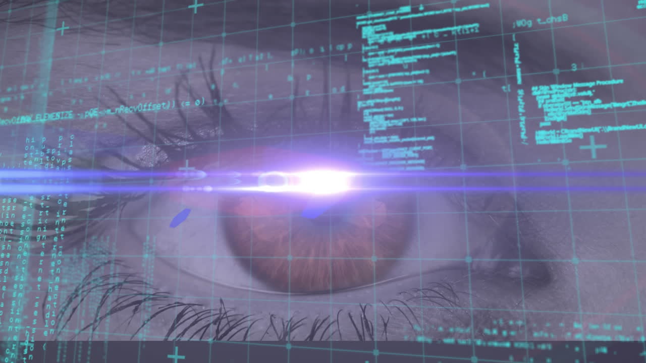 animazione dell&#x27;elaborazione dei dati sulla griglia e l&#x27;occhio della donna