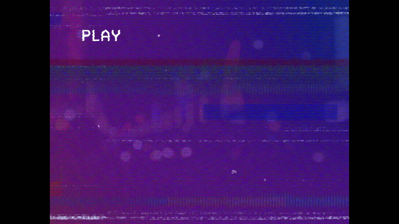 animación de rectángulos coloridos parpadeantes con glitch y texto de reproducción en la pantalla