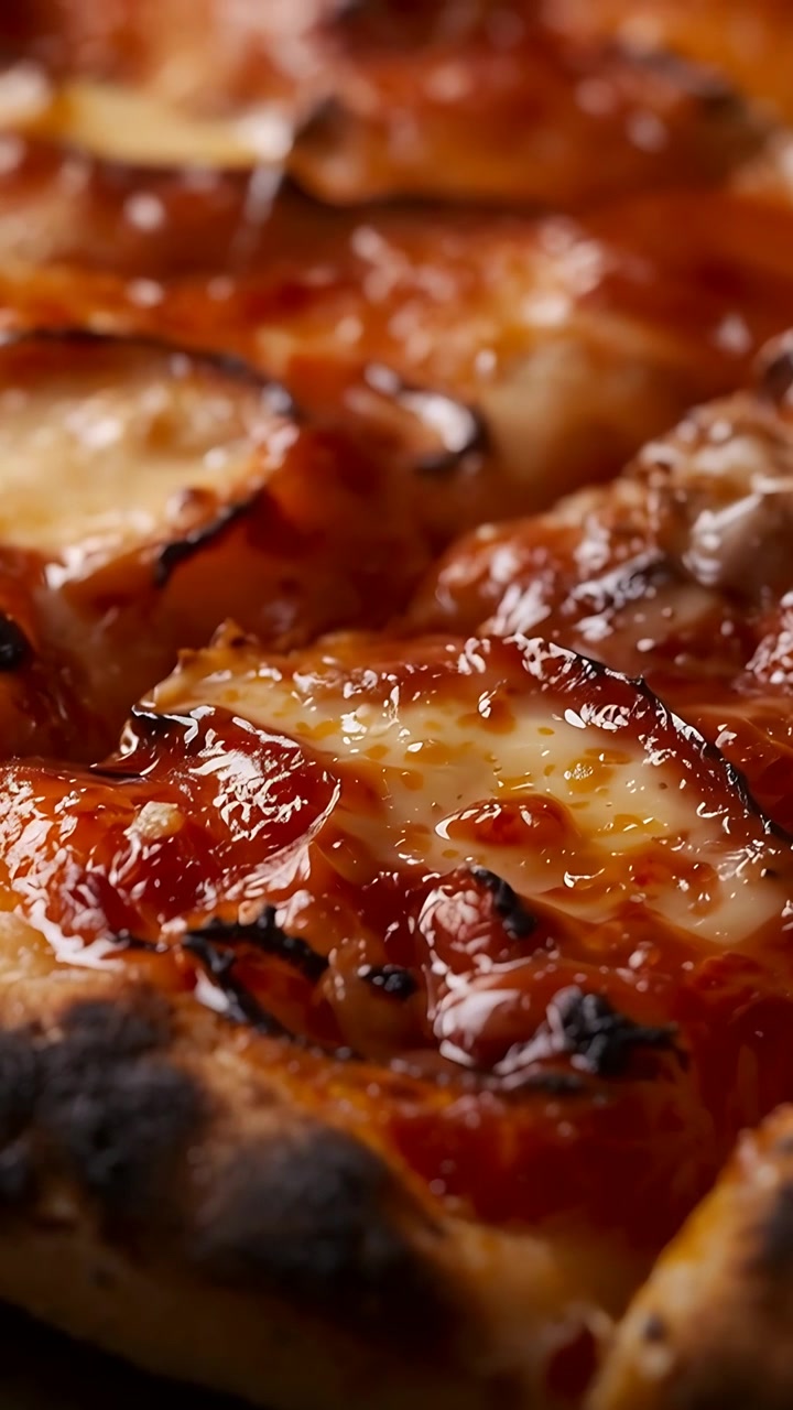 Video verticale: Obiettivo in movimento che rivela una pizza lucida e gorgogliante con pepperoni, per il menu.