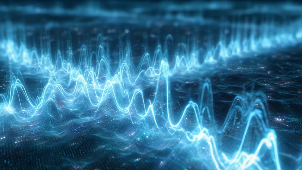 A Captivating View of Digital Waveforms and Sound Frequencies Interacting in a Futuristic Audio Visual Environment