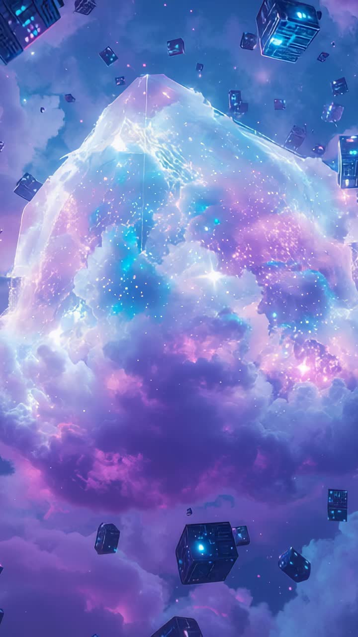 Vertical video: Pulses sparking dome glowing teal while cubes orbiting nebula, with blue cores