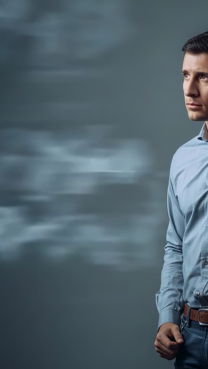 Video verticale: uomo che gira la testa e reagisce alla nebbia in movimento in studio, indossa una camicia blu, spazio per il testo