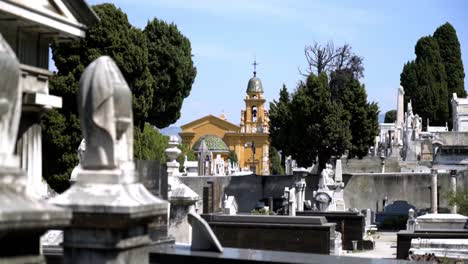 cemetery with a church in france