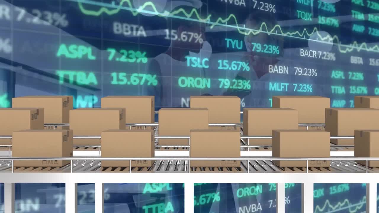 컨베이어 벨트에 배달 상자에 대한 주식 시장 데이터 처리의 애니메이션