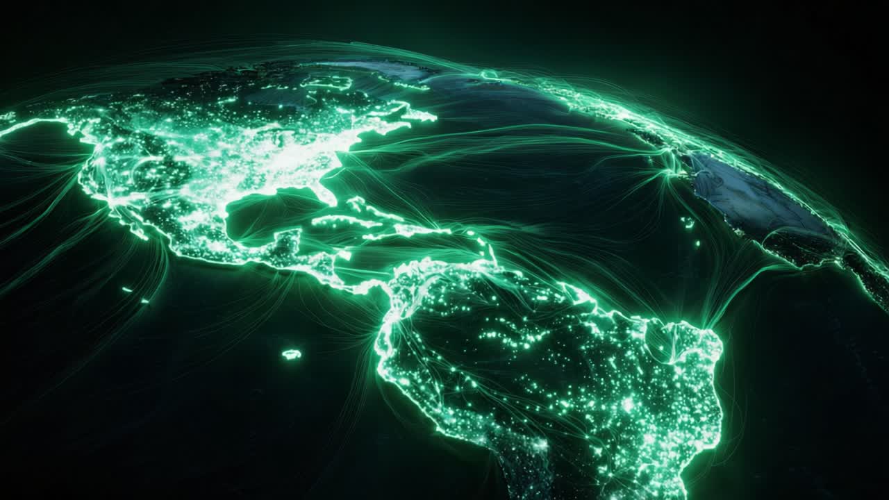Animated map of the Earth with green glowing lines connecting North and South America. Symbolizing global communication. Internet traffic. Air travel. Or worldwide data transmission networks at night