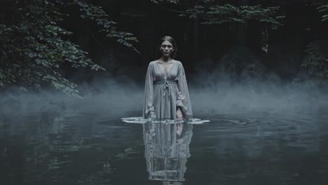 woman in a forest with a sword, standing in a misty lake