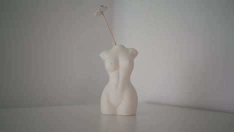 La-Mano-Femenina-Coloca-Flores-Silvestres-En-Un-Jarrón-De-Busto-Femenino,-Fondo-Blanco.