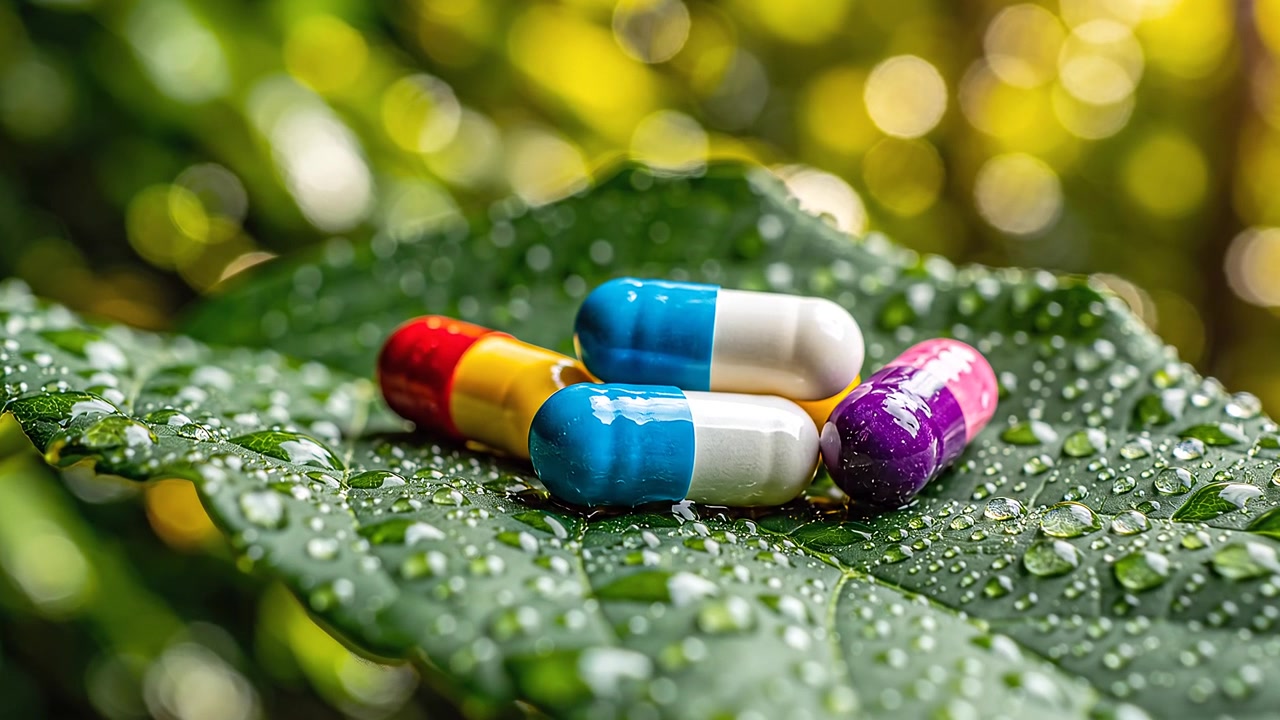 Capsule farmaceutiche colorate adagiate su una foglia verde bagnata