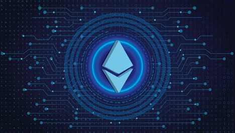 Ethereum-Crypto-Blockchain-Kryptowährung-Digitale-Verschlüsselung,-Digitaler-Geldwechsel,-Technologie-Globale-Netzwerkverbindungen-Auf-Blauem-Hintergrundkonzept