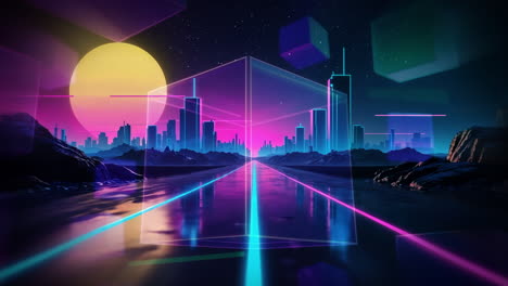 synthwave futuristic cityscape with neon lights and geometric shapes