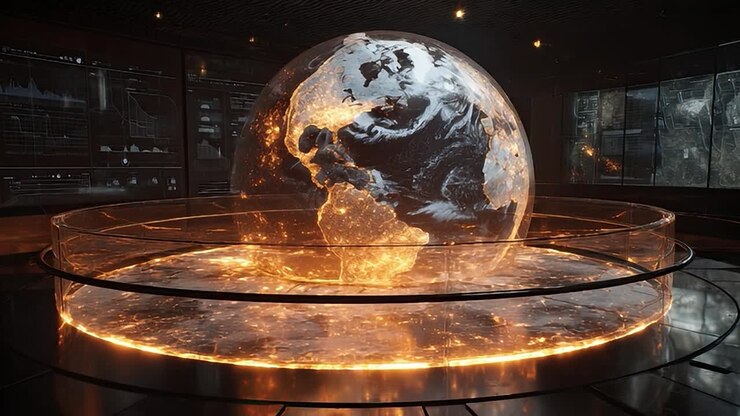 Vibrant digital globe displaying data in a modern setting