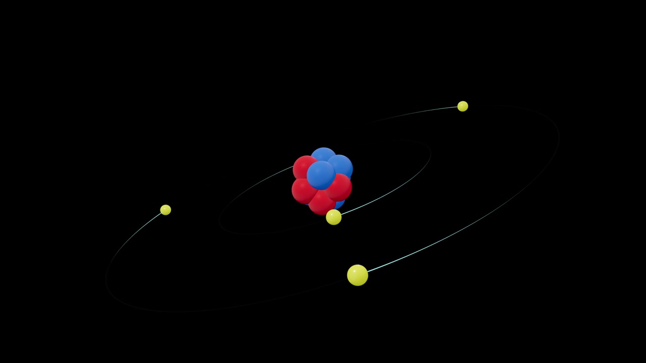 Scientific 3D model of a boron atom with electrons orbiting a central nucleus on black