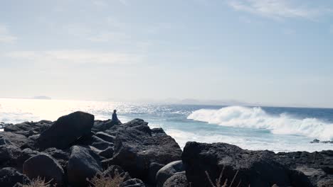 person sitting on rocks by the ocean with crashing waves