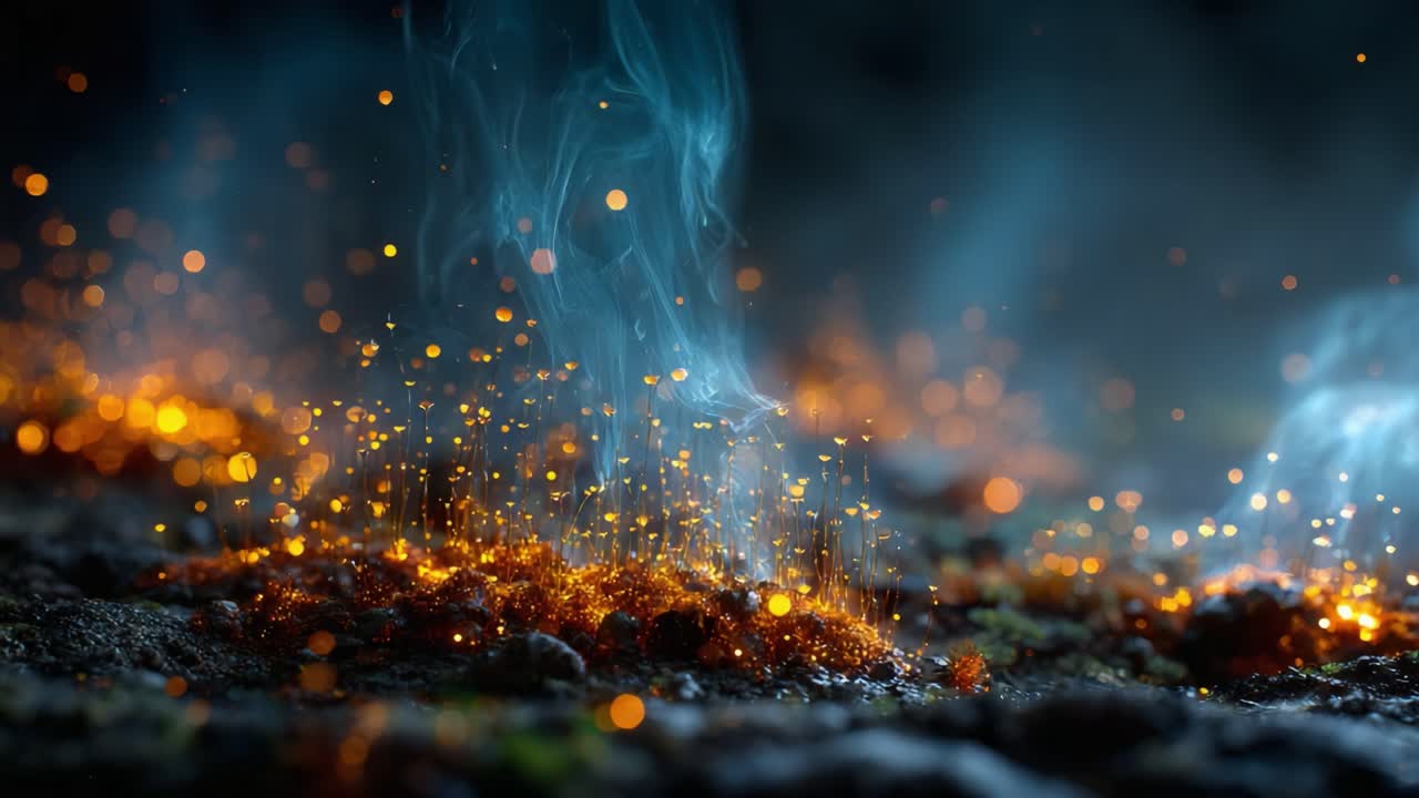 Captivating Glow: A Stunning Visual of Sparkling Ember-like Particles Surrounded by Smoky Tendrils, Evoking a Magical Landscape of Fire and Mist