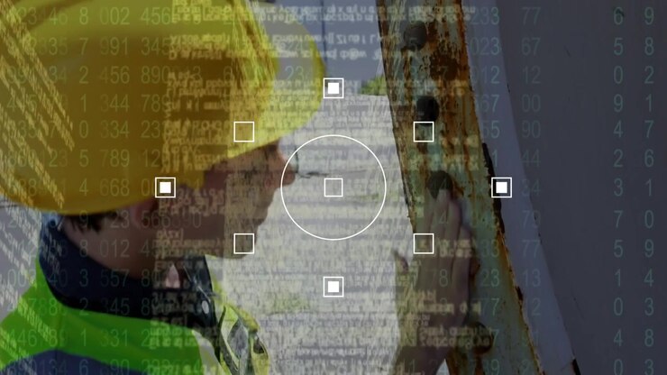 Animation of focus points and data processing over caucasian male builder checking construction