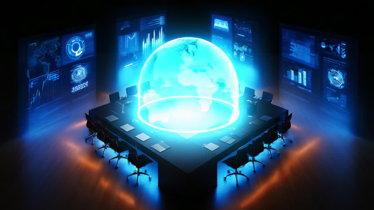 A Futuristic Conference Room Displaying Advanced Data Visualizations across Multiple Screens, Highlighting Collaboration and Technology in Modern Business Environments