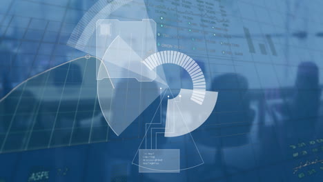 análisis de datos y animación de gráficos sobre personas de negocios en el fondo de la oficina