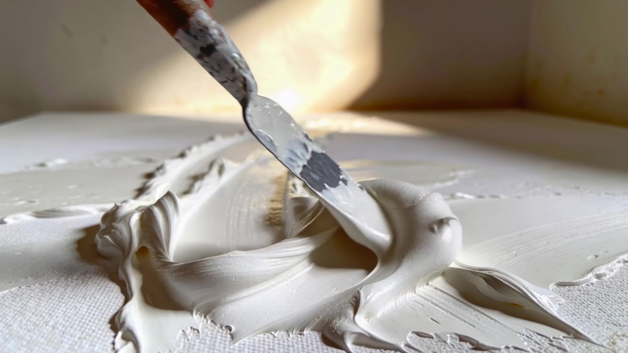 Met een paletmes schept de hand van de kunstenaar dikke witte verf op het doek en mengt deze tot een halve maan.